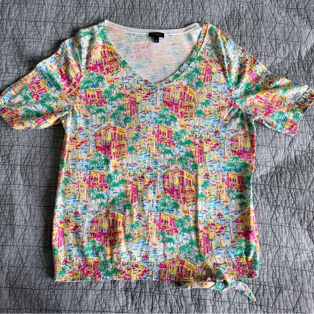 Talbot’s Colorful Graphic Cotton V-Neck Sweater Top with Tie at Hem Size Large